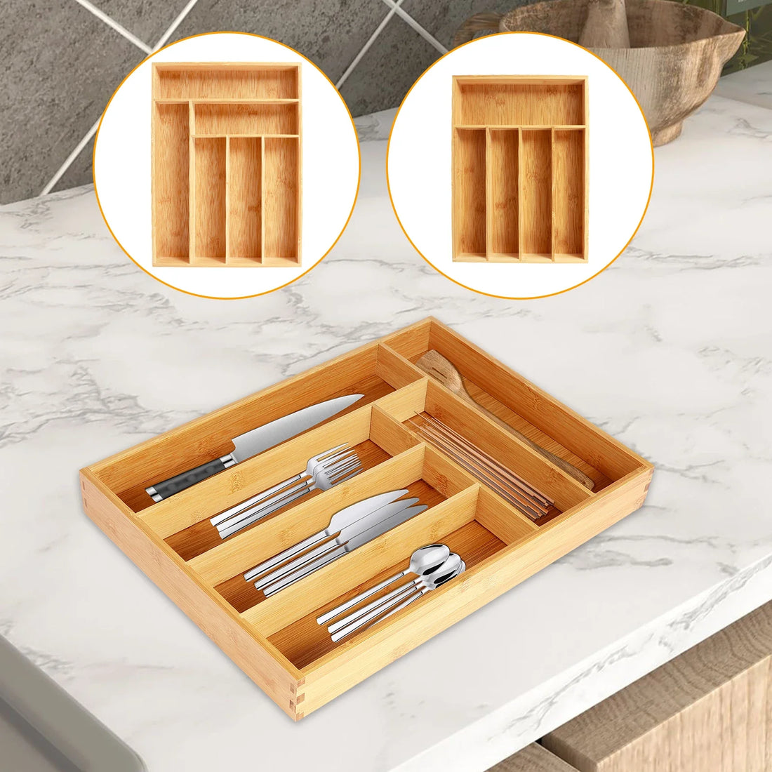 Kitchen Drawer Cutlery Organizer 5/6 Compartments Bamboo Drawer Box Silverware Tray Durable Kitchen Drawer Organizer Tray